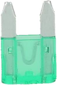 Green flat fuse for automotive applications, shown from the front with two metal contacts at the top, used to protect electrical circuits.