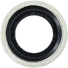 A washer with a black inner ring and silver outer surface, typical for fastening purposes in mechanical applications.