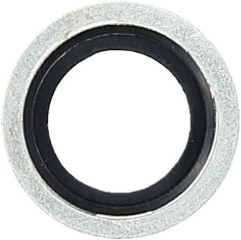 Rotary seal with a silver outer ring and black rubber centre. Used for sealing in pipes or connections.