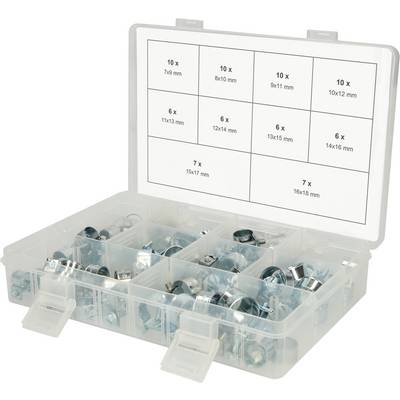 Plastic storage box with multiple compartments, filled with various types and sizes of metal clamps, with sizes labelled on the lid.