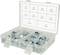 Plastic storage box with multiple compartments, filled with various types and sizes of metal clamps, with sizes labelled on the lid.