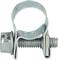 Metal hose clamp, consisting of a threaded screw and a tightening band connection; used for securely fastening hoses.