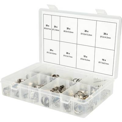 Plastic storage box with 90 tube clamps in various sizes and compartments. Suitable for organisation and storage.