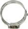 A silver metal jubilee clip in close-up, circular with a slit on the side, commonly used for securing hoses.