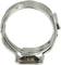 Metal hose clamp in close-up, showing the circular shape and closing mechanism on the right side.