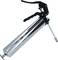 A silver grease gun with a black handle and long hose, used for lubricating machinery and tools.
