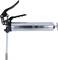 A silver grease gun with a black handle and lever arm, suitable for lubricating machinery or vehicle components.