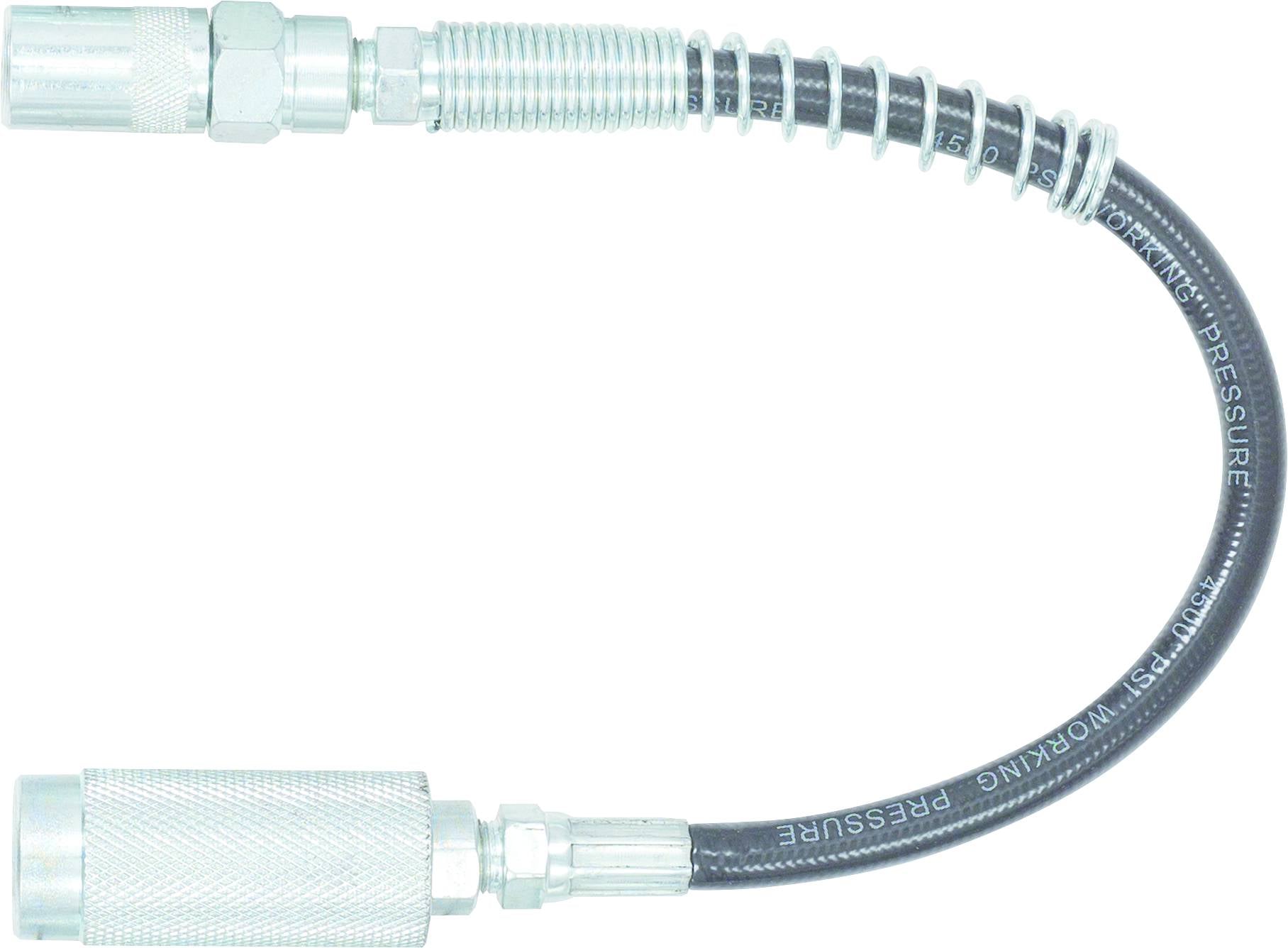 'Flexible hydraulic hose with metal connectors at both ends, suitable for high-pressure applications.'