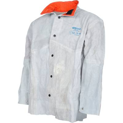 Leather welder's jacket, protects against sparks and heat, with orange inner collar and press stud fastening, for workplace safety.