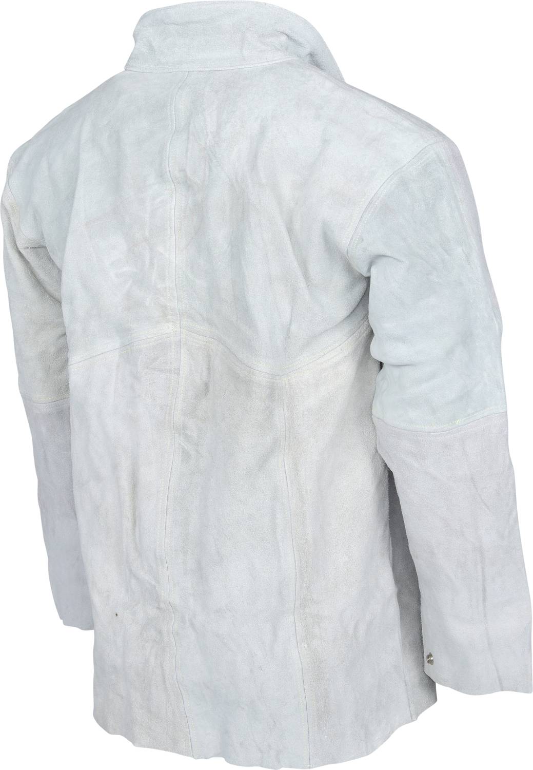 A light suede jacket is shown from behind. It has a collar and long sleeves, with a simple design without visible embellishments.