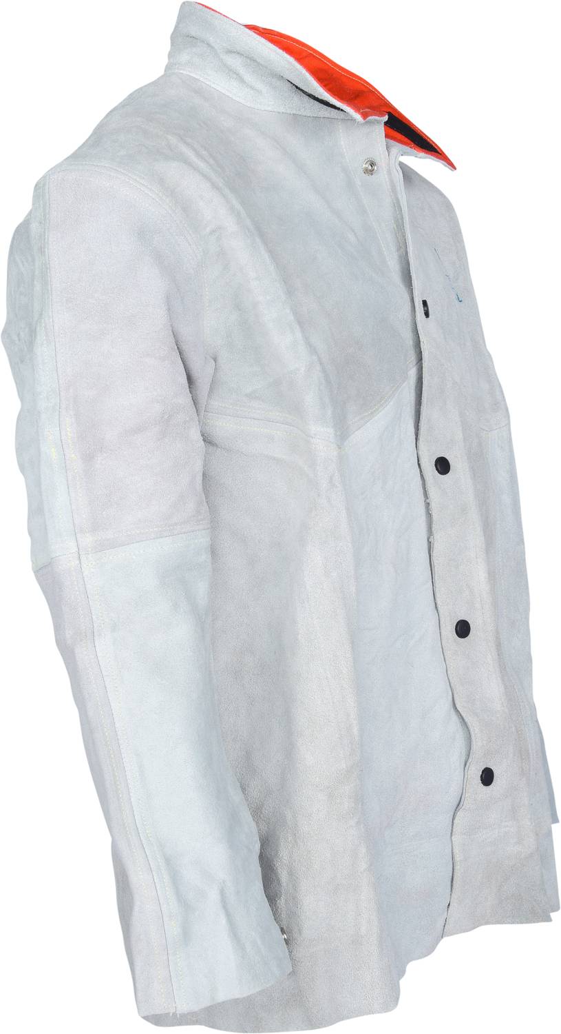 A light grey suede coat with a collar revealing a light orange inner lining. Fastened with black buttons.