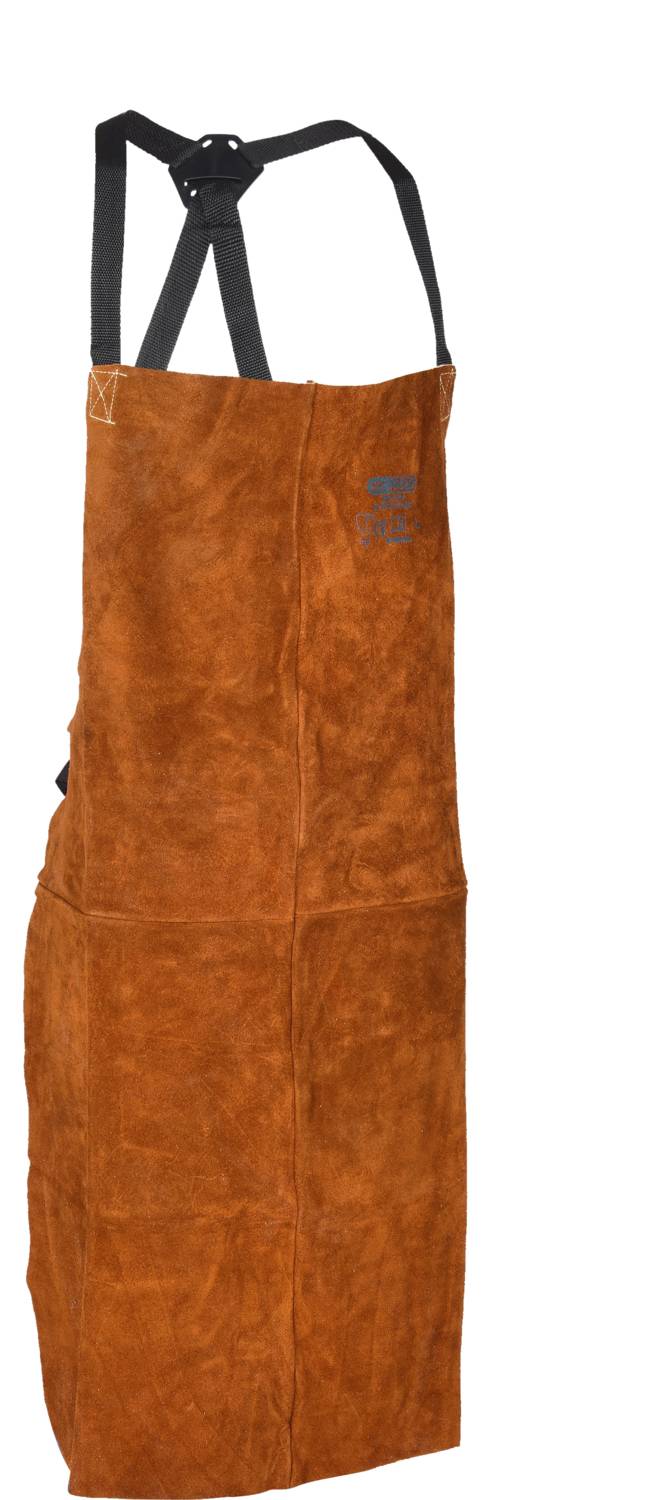 Brown leather apron with black straps, suitable for workshop or barbecue work. Protects clothing from dirt and sparks.