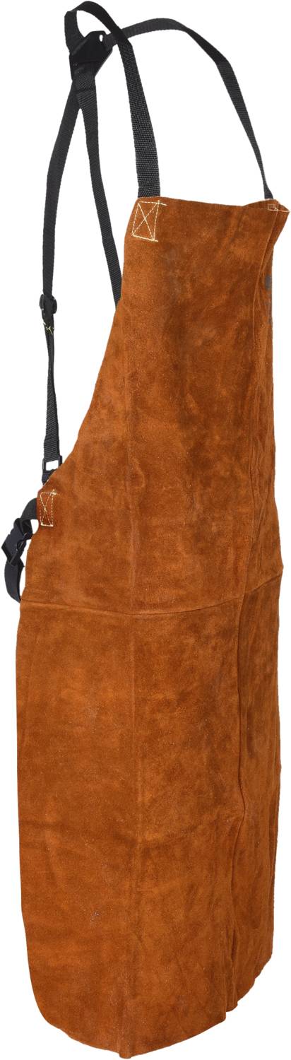 Brown leather apron with black straps and a side buckle, suitable for use in the kitchen or workshop.
