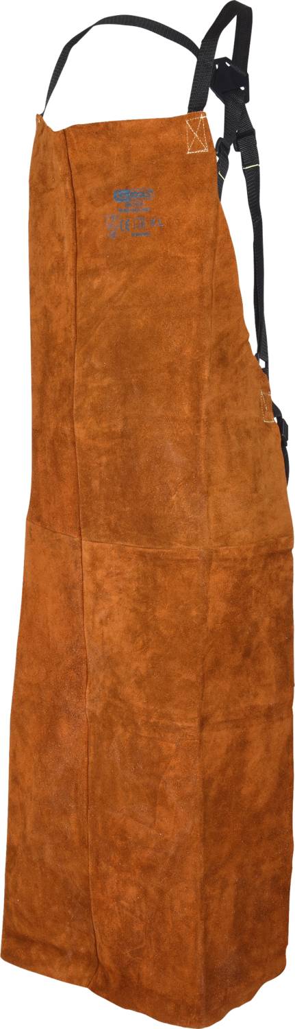 Brown leather apron with braces, black neck and waist straps, suitable for barbecuing or workshop tasks.