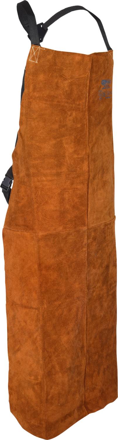 Brown leather apron with shoulder strap and waistband. Suitable for craftwork, provides protection against dirt and heat.