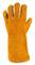 A single, bright leather protective glove in vivid orange lies flat. Suitable for protective work such as welding.