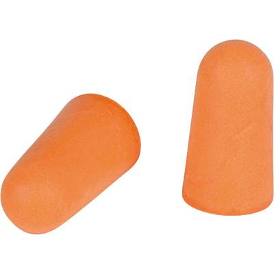 Two orange-coloured earplugs side by side on a white background.