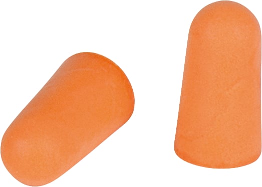 Two orange-coloured earplugs side by side on a white background.