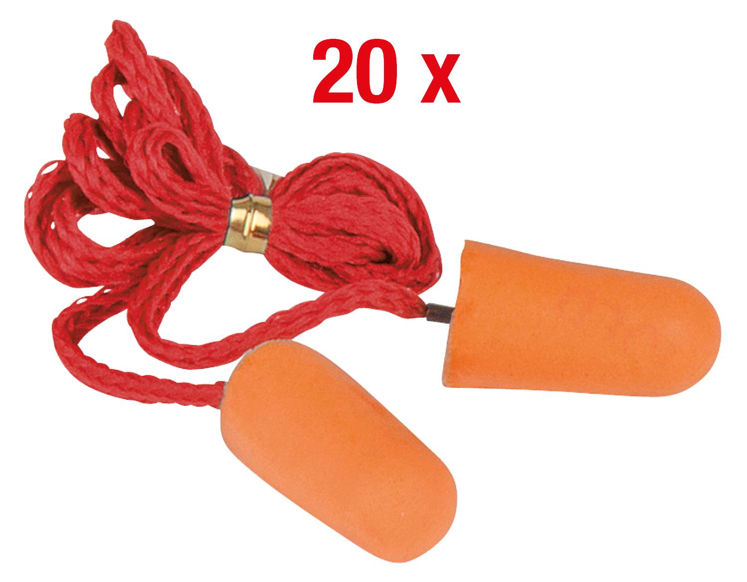 Two orange earplugs on a red cord, 20 pieces. For use in protecting against noise.