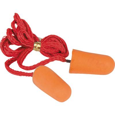 Orange earplugs with a red cord. Used for noise protection.