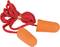 Orange earplugs with a red cord. Used for noise protection.