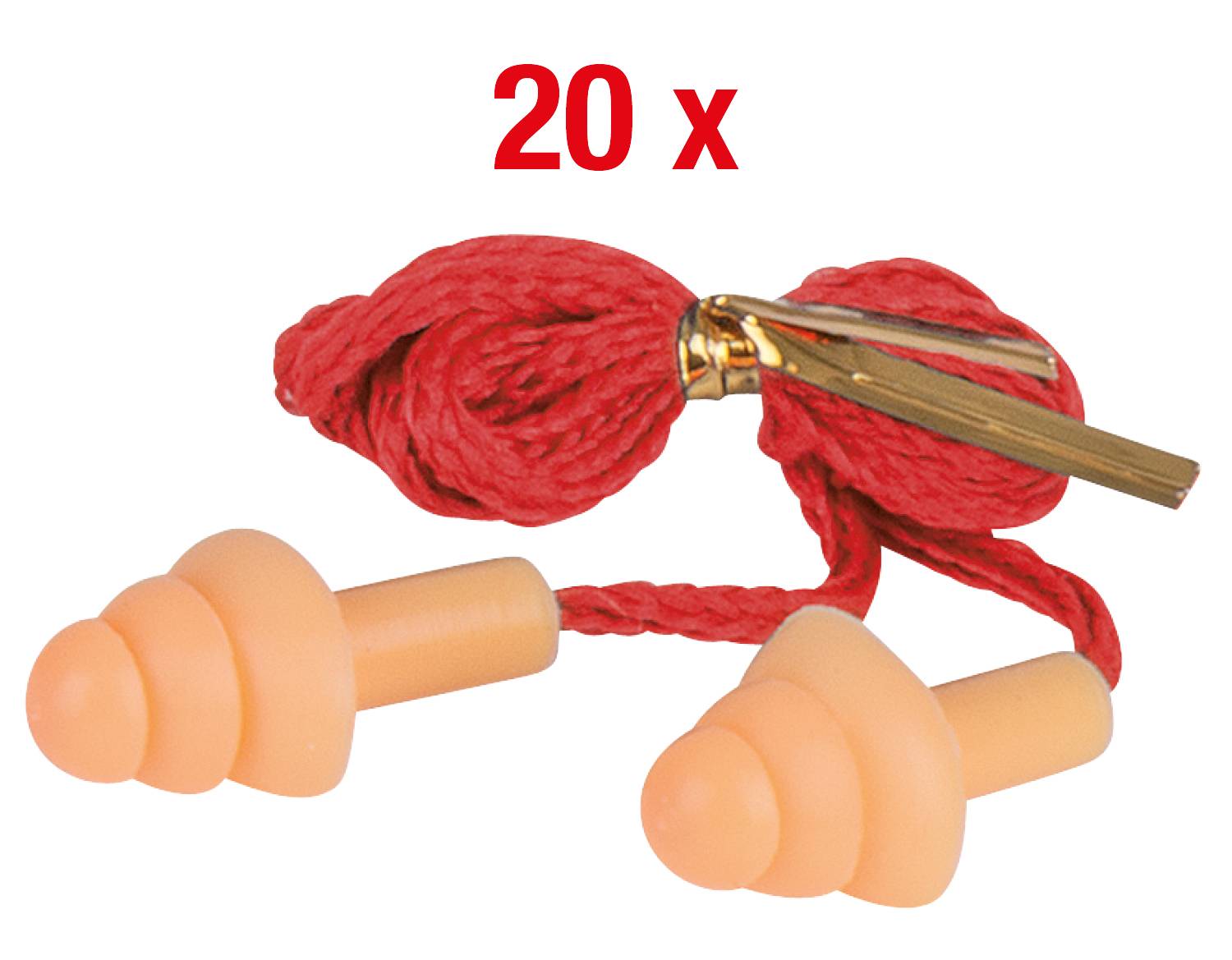 Two orange earplugs on a red lanyard with clips, with '20 x' in red above.