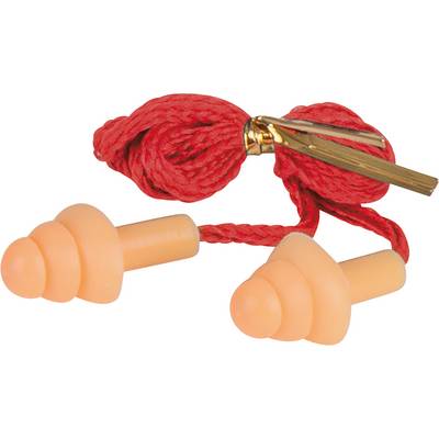 Earplugs made of soft material, connected by a red band with golden ends, for noise reduction.