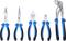 Five blue and black pliers in various sizes and shapes, arranged evenly side by side.