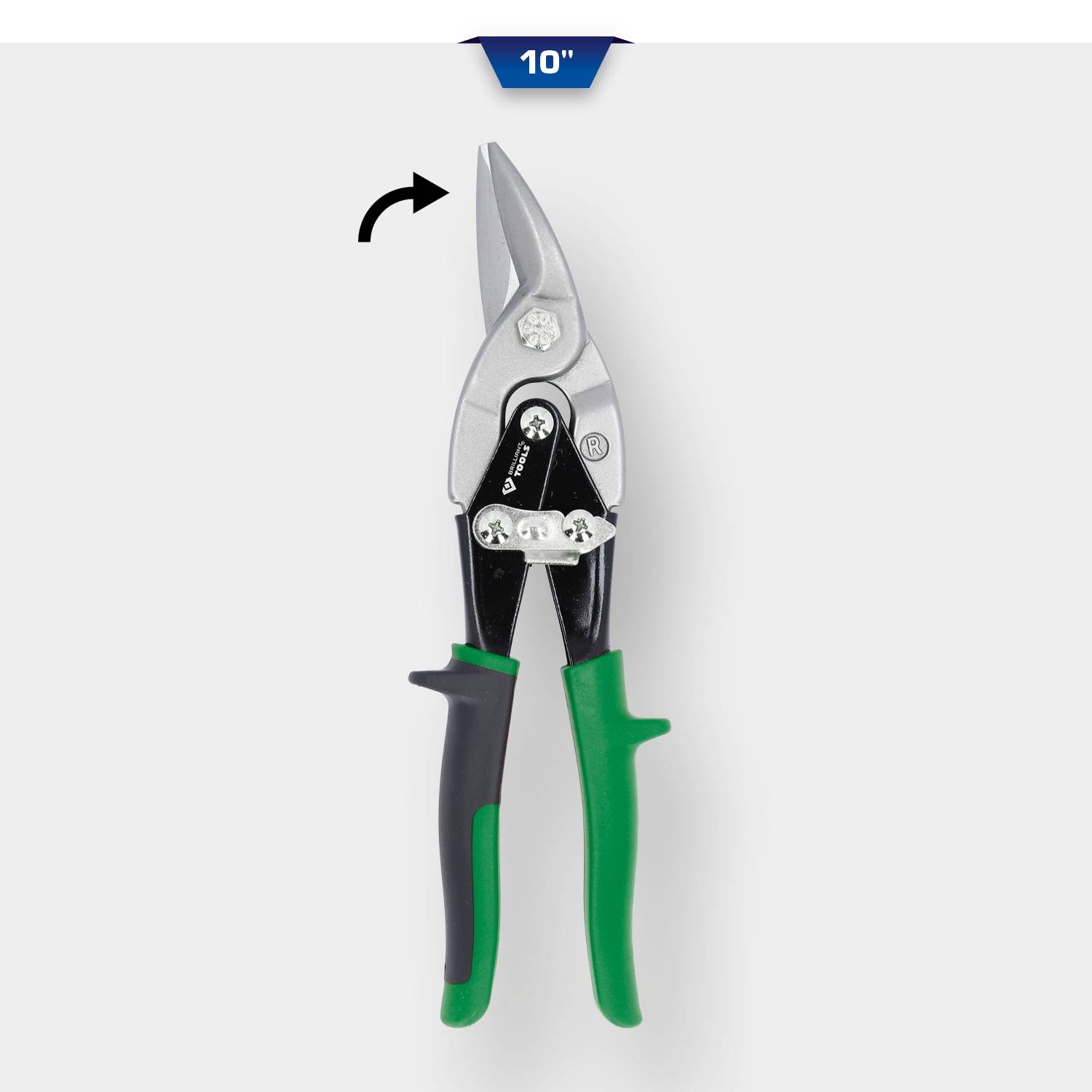 Metal scissors, 25 cm, with black and green handles, showing blade in cutting position.