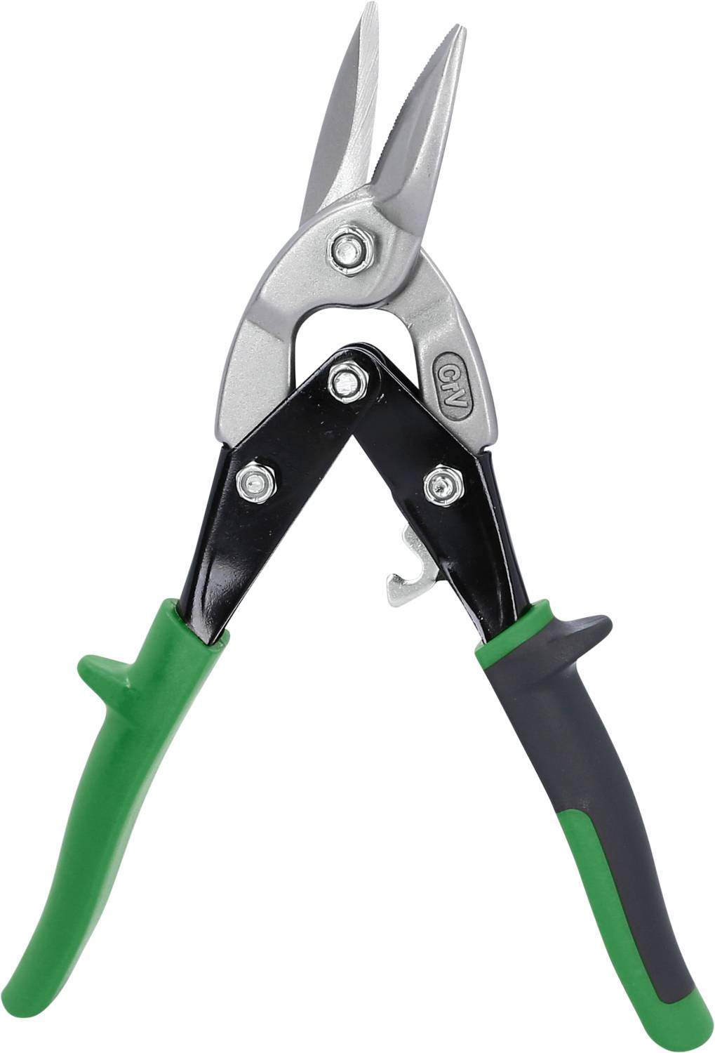 A green and black metal tin snips with metal blades, suitable for cutting work.