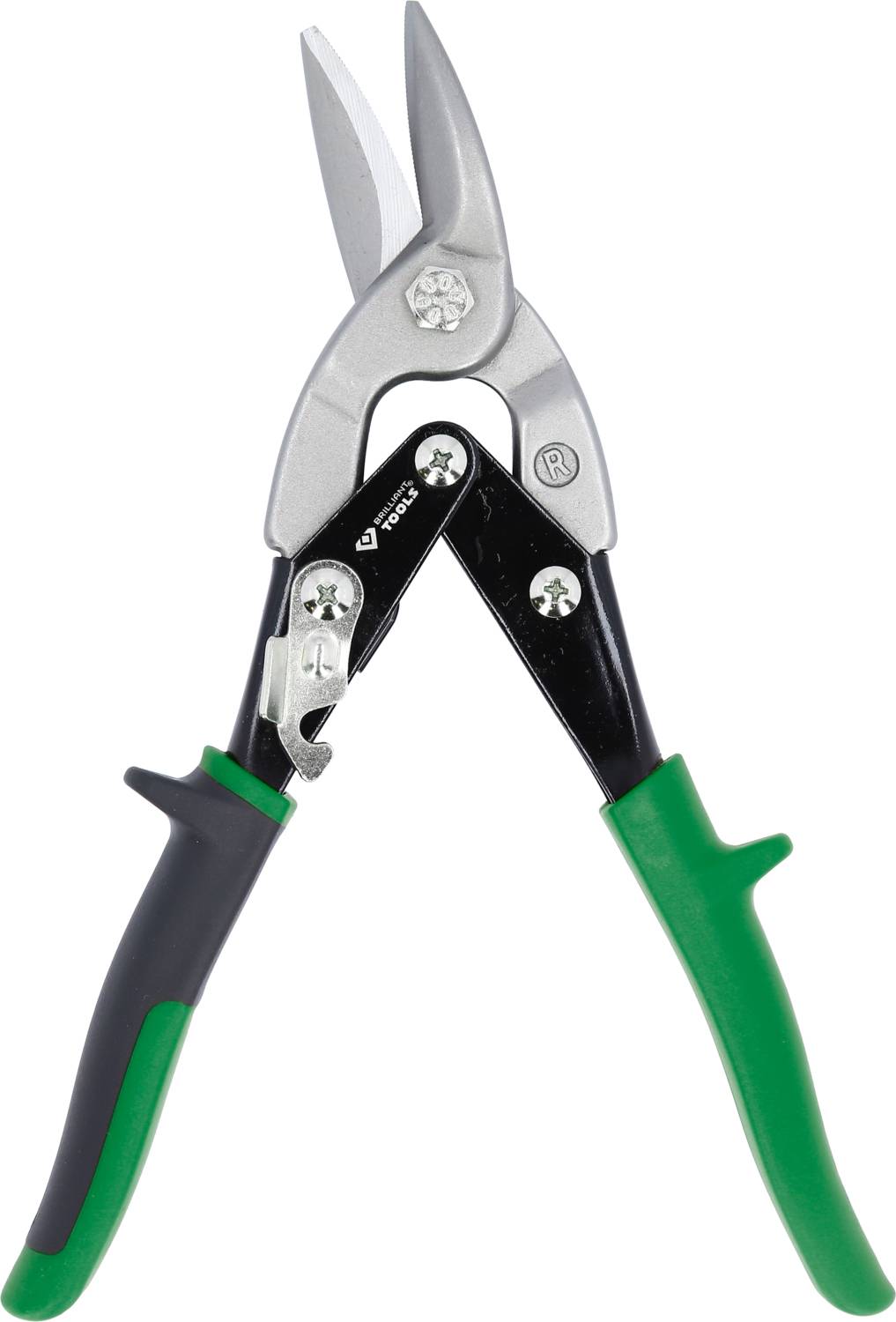 A green and black metal shears with metal blades, suitable for cutting sheet metal and other solid materials.