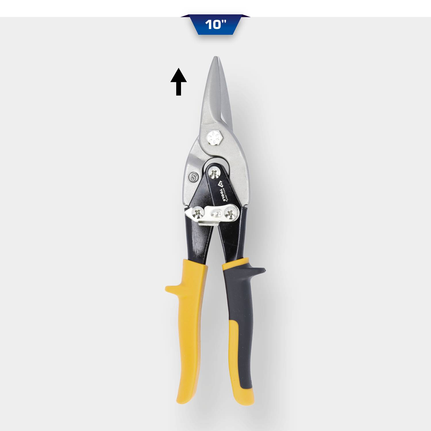 A yellow and black metal scissors, 10 inches long, with an arrow indicating the length.