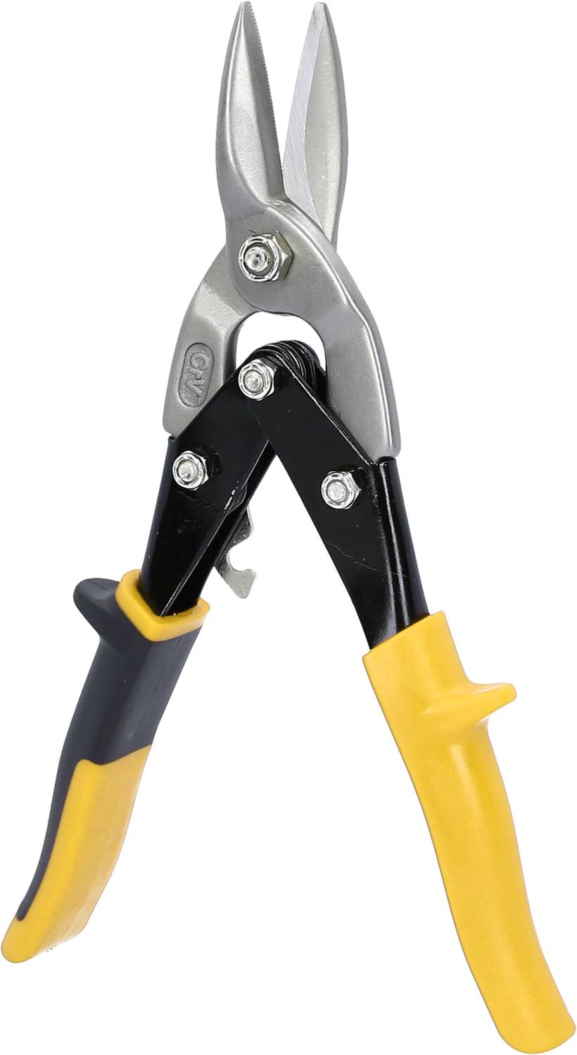 A yellow and black metal shears with silver blades is shown upright. Tool for working with metal sheets.