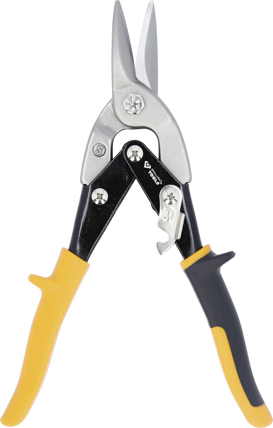 A metal pair of shears with yellow and black handles, designed for cutting sheet metal. It displays a robust metal construction.
