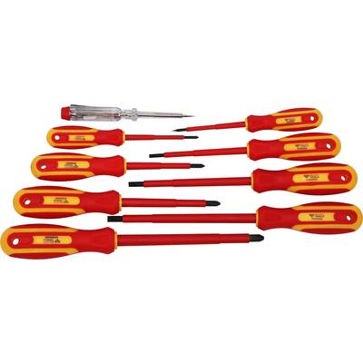Eight red insulated screwdrivers and a voltage tester laid out side by side, with insulated handles for working on electrical equipment.