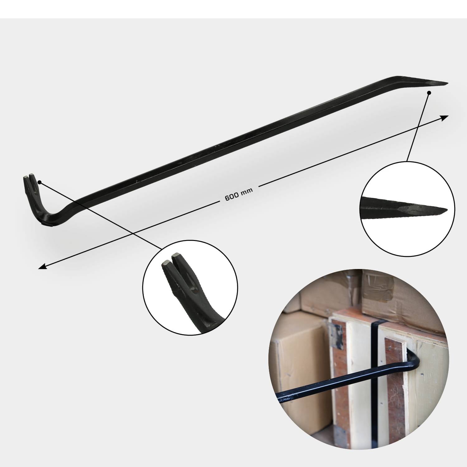 A crow bar measuring 800 mm in length, shown in an assembly instruction manual. Detailed images depict the curved end and its application on a crate.