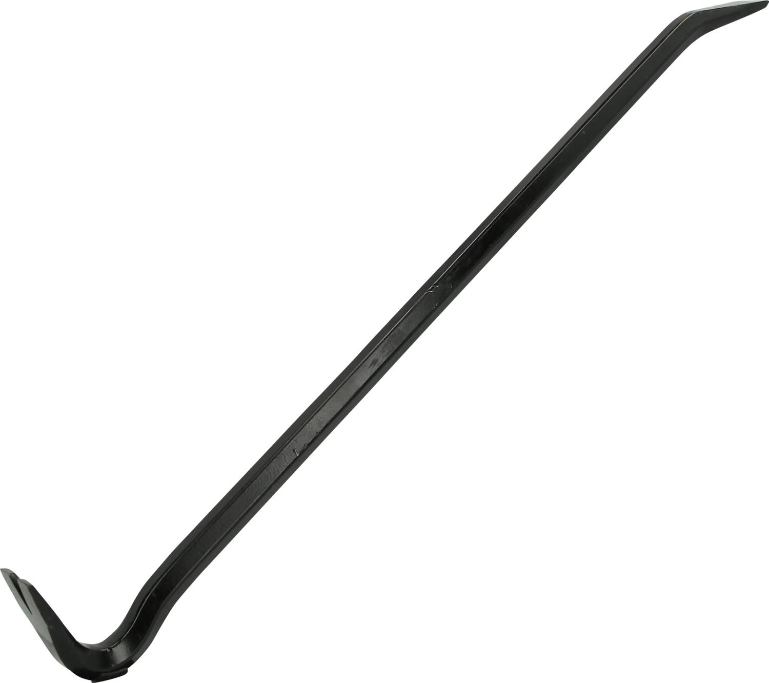 A metallic crowbar with a rounded and flat end, used for levering or prying.