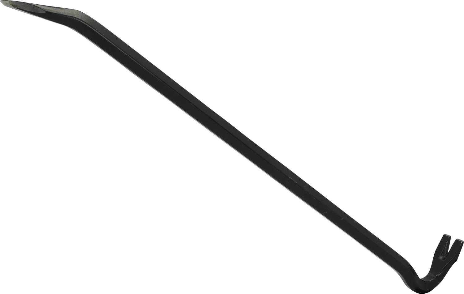 A black crowbar with two ends: a split end for pulling out nails and a curved end for levering.