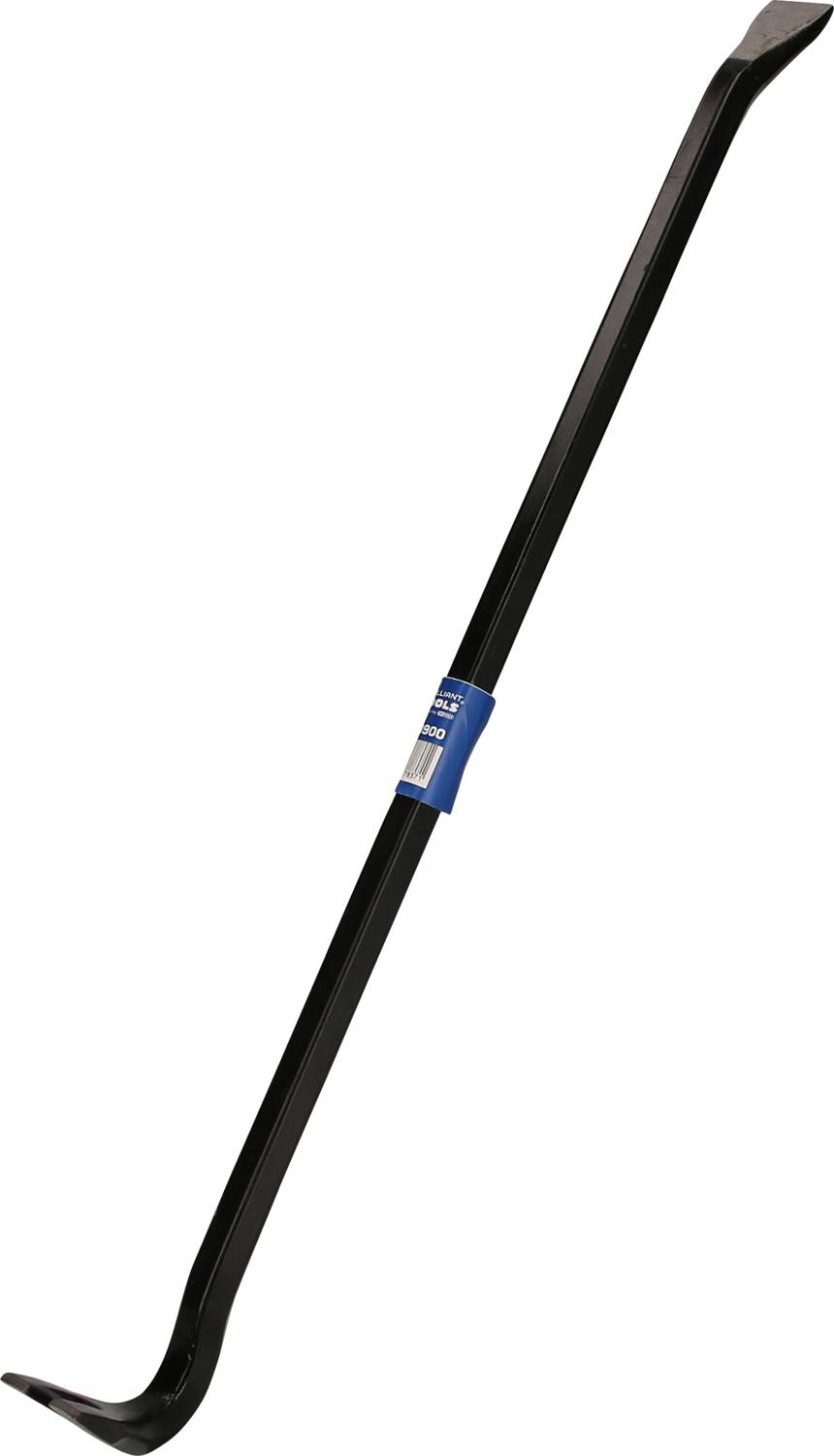 A black crowbar with angled ends, a typical tool for levering or removing nails.
