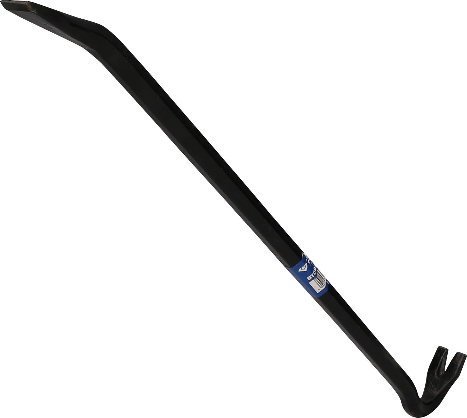 A crowbar with a curved tip and a flat, serrated edge for levering. The tool is black.