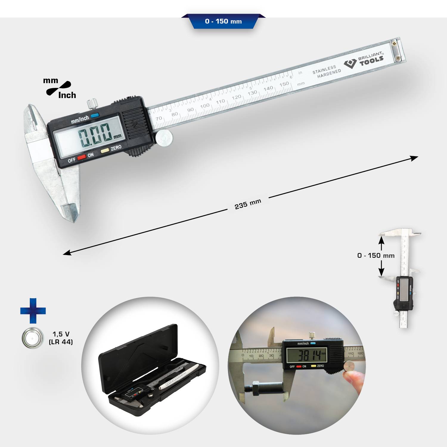 Digital vernier caliper with display and measurement scale in mm and inches shows measured value, battery compartment and case illustrated.