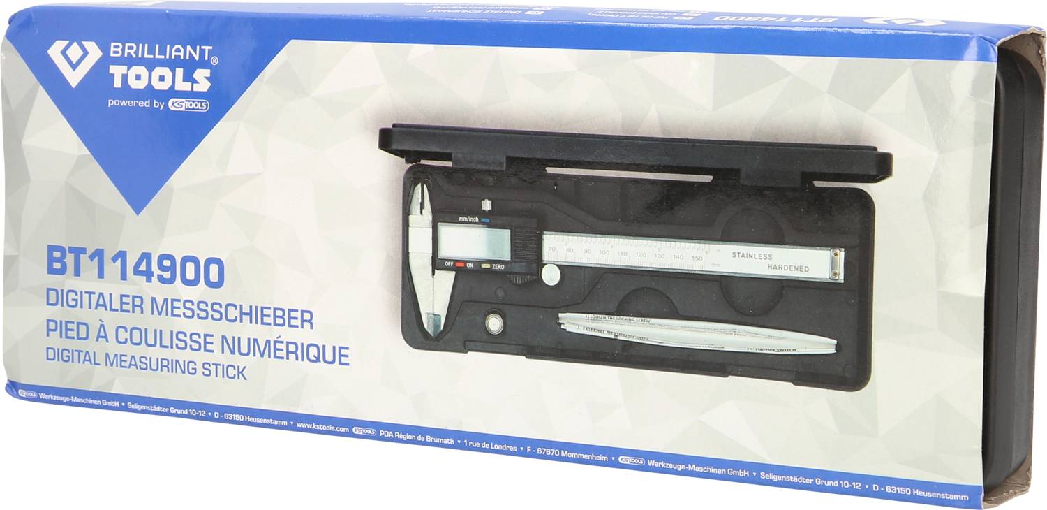Packaging for a digital calliper by Brilliant Tools, Model BT114900. Contains an illustration of the measuring tool and product information.