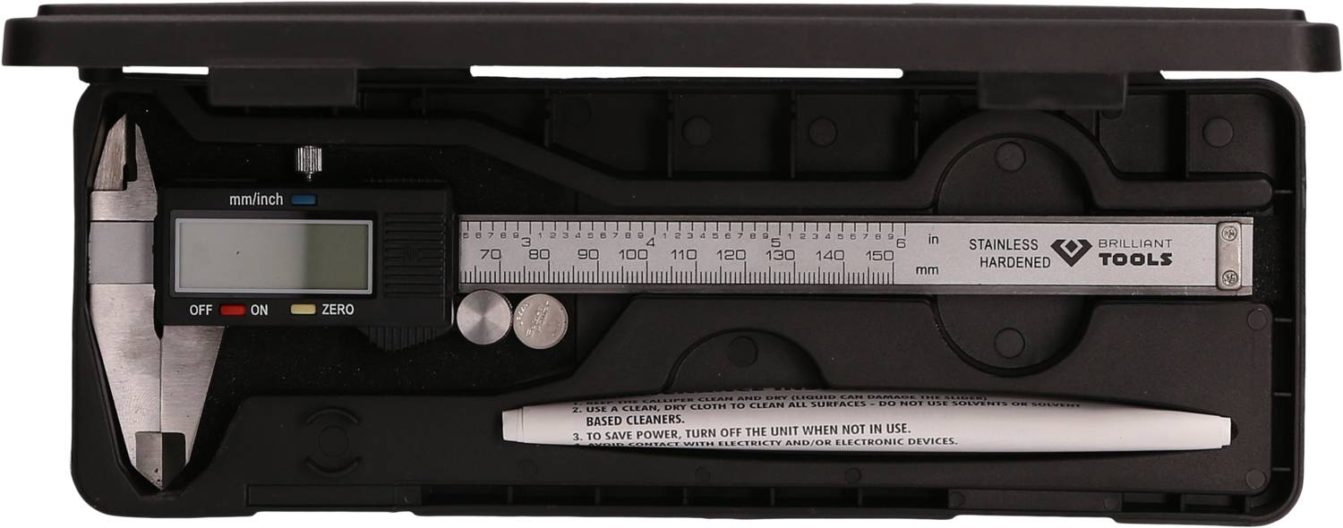 Digital calliper in a black case with digital display and stylus; used for precise length measurement in technical applications.