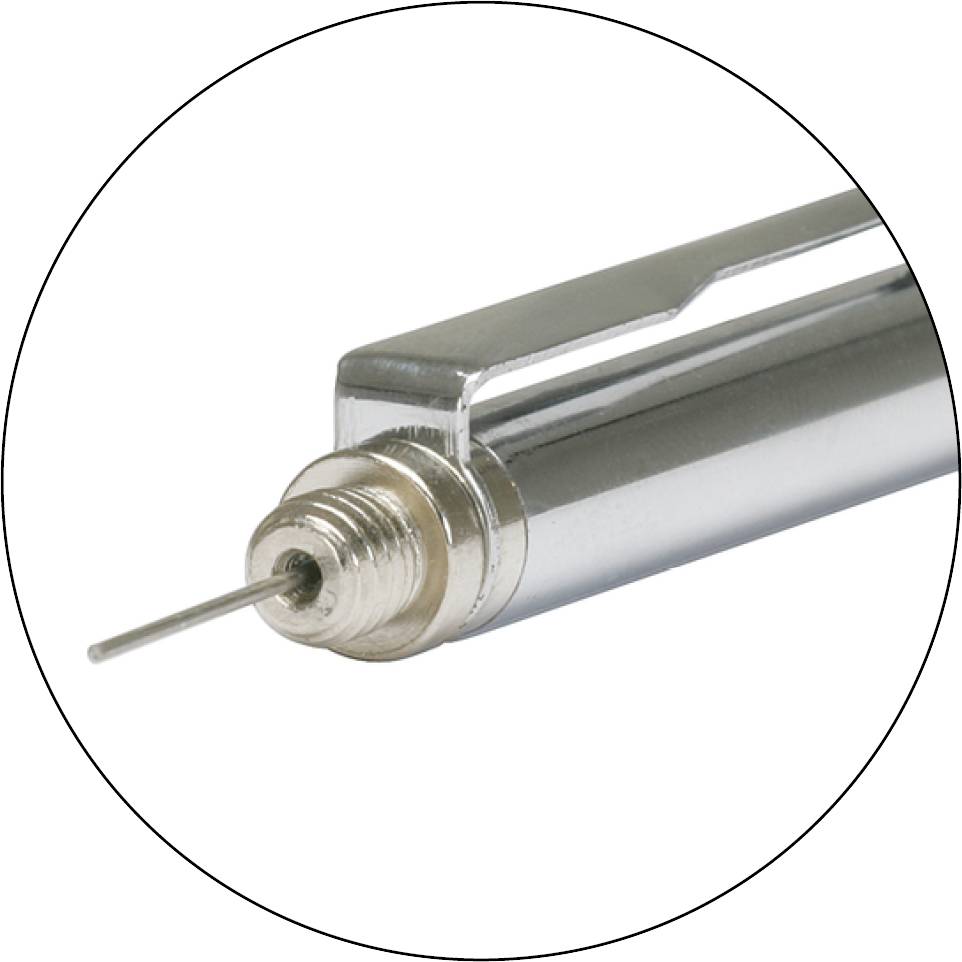 Close-up of a fine metal needle protruding from a slender, silver-coloured handle.