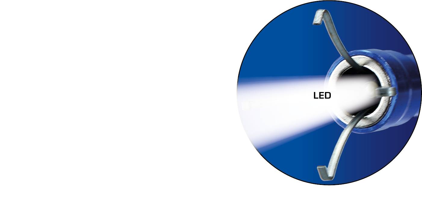 Close-up of an endoscope with LED lighting, brightly illuminated, against a blue background.