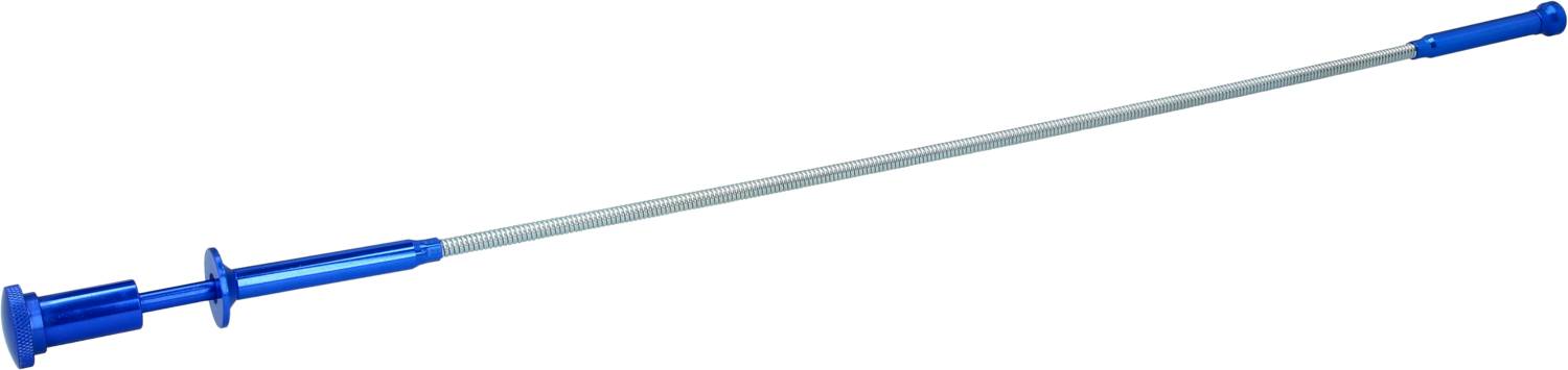 'Long blue deburring tool with a flexible metal shaft and ergonomic handles at both ends. Used for smoothing edges.'