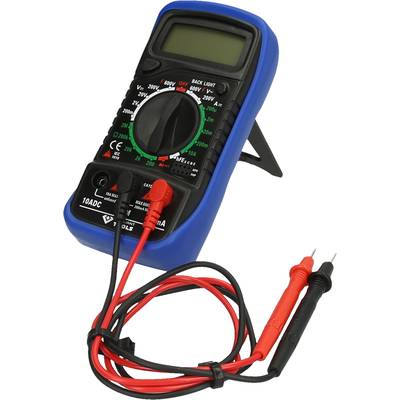 A digital multimeter with black and red test leads, suitable for measuring voltage, current, and resistance.