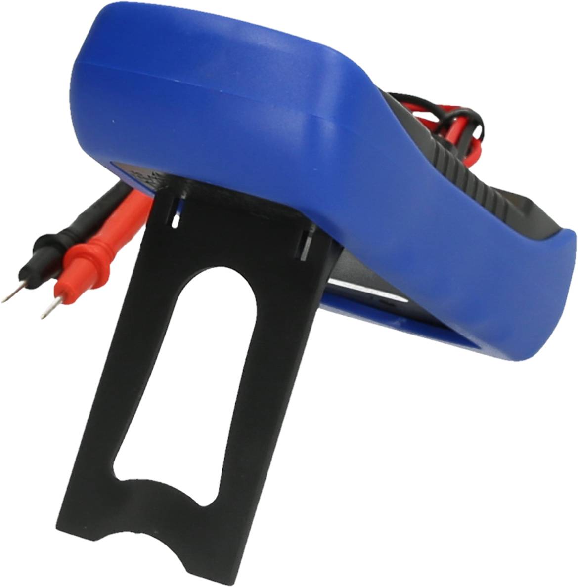 A blue digital multimeter with two test probes, black and red, is lying on its back.