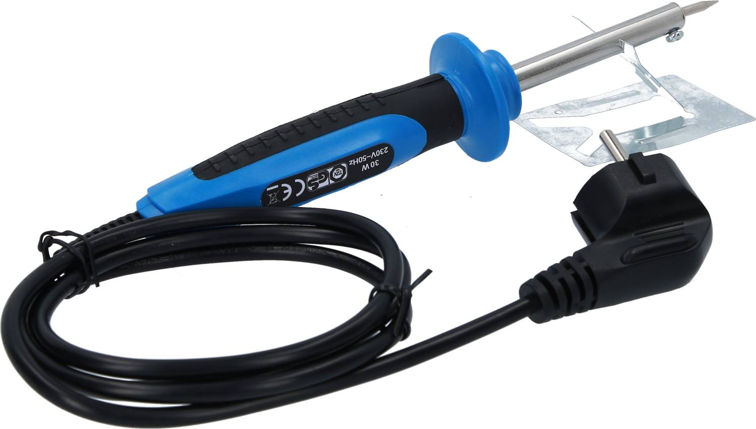 Soldering iron with a blue handle and black cable. It has a metal tip for soldering and a plug for power supply.