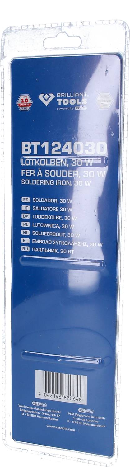 'BT124030 Soldering Iron, 30 W' Packaging for a 30-watt soldering iron. Contains technical information and brand logo.